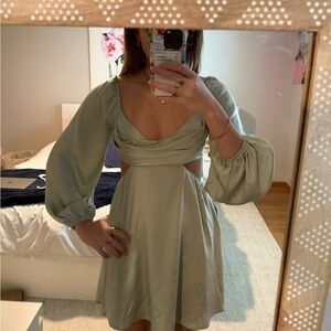 Princess polly sage green, silk, cutout mini dress